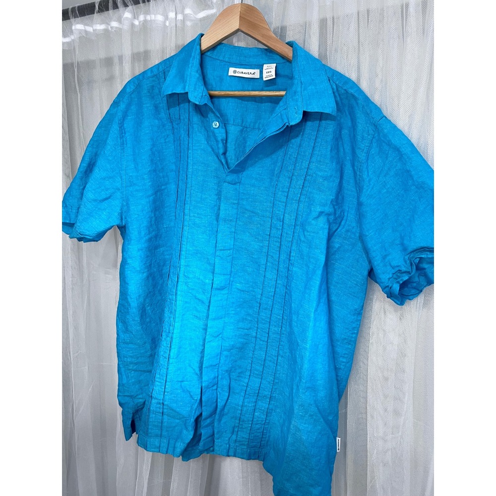 Cubavera Mens XXL Blue Short Sleeve Guayabera Linen‎ Blend Pintuck Pleated Shirt